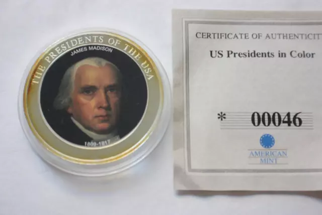 U.s. President James Madison Colorized Commemorative Proof Coin Coa