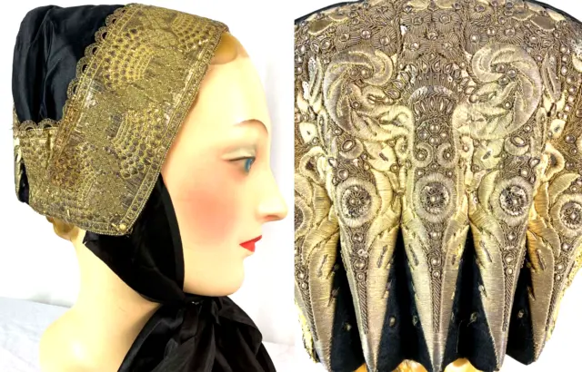 Antique 19th C Danish Sealand Bonnet Gold Thread Embroidery