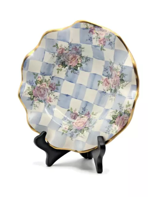 Mackenzie Childs Ruffled Dessert Bowl Pottery Morning Glory Blue Check Gold Rim
