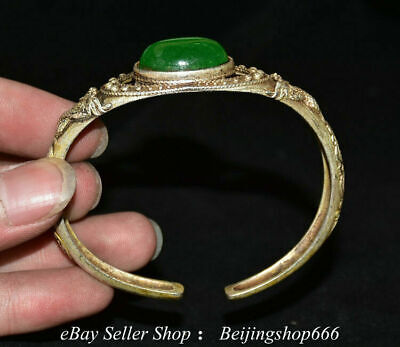 2.6" Old Chinese Silver Inlay Jade jewelry Round Bangle Bracelet