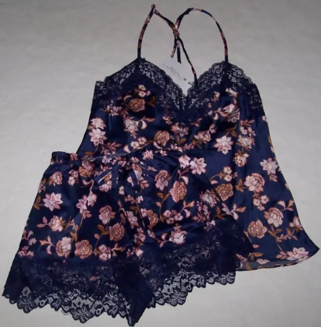 NWT In Bloom by Jonquil NAVY/TAUPE/PINK FLORAL SATIN Pajama Shorts Set M Lace