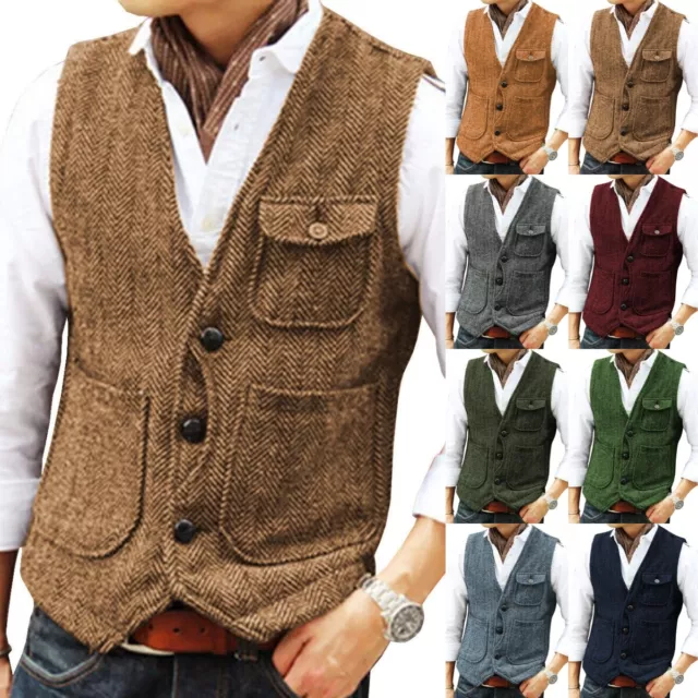 MENS WESTERN TWEED Vests Wool Herringbone Hunting Cowboy Vest M Large ...