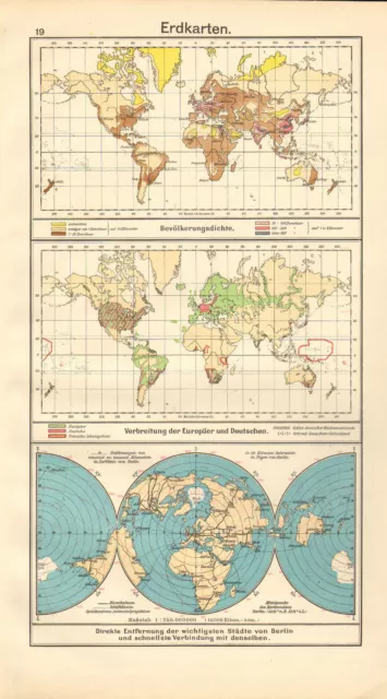 1908 Map ~ The World ~ Population Density Europeans & Distribution Of Germans
