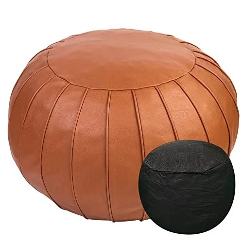 Stuffed Pouf Ottoman with Sponge Liner, Faux Leather Poufs, Pouf Stool Brown