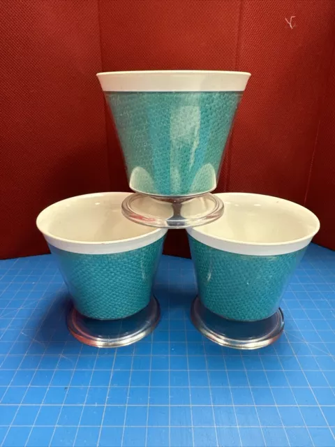 3  Vintage Footed RaffiaWare MCM Melamine Turquoise Burlap Dessert Sherbet Cups