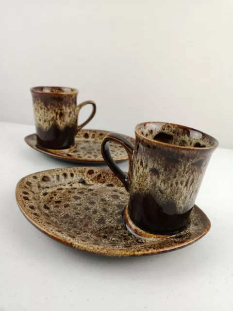 4 Piece FOSTERS POTTERY Brown Honeycomb Tea Coffee Mug & Plate Saucer Set VGC