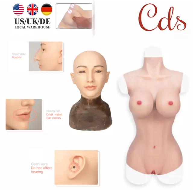 Silicone Breast Forms Full Bodysuit + Head Mask Full Face Disguise Crossdresser