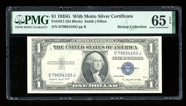 DBR $1 1935-G with MOTTO Silver Gem Fr. 1617 PMG 65 EPQ Serial D79054103J