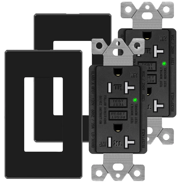 GFCI Outlet 20 Amp Tamper-Resistant LED Indicator with Plate Outdoor Black 2Pack