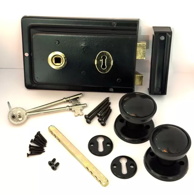 Traditional Rim Lock 6" x 4" with Rim Knob Set Black Shed Door with Fixings