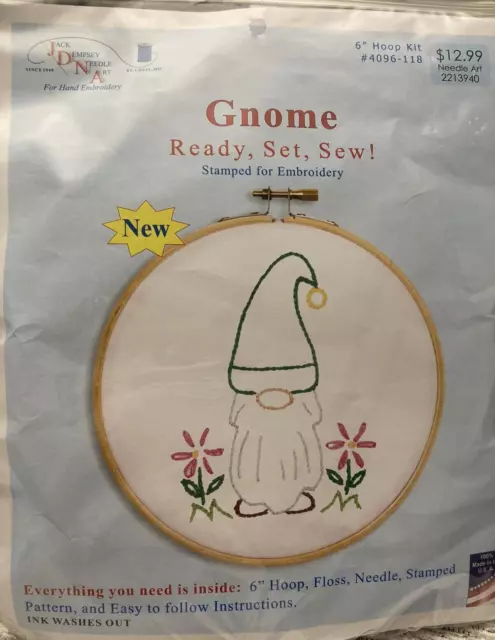 JDNA Gnome Estampado para Bordado Kit con Aro ¡Perfecto para Principiantes!