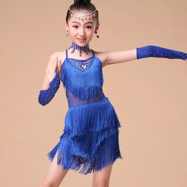 Kid Girl Latin Dance Dress Dancewear Salsa Tassel Sequins Mesh Backless Stage 2