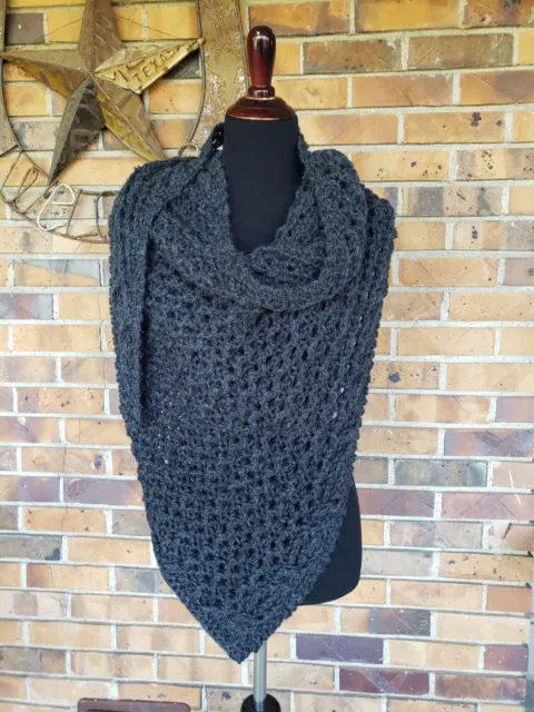 New! Handmade Knit Charcoal Scarf / Wrap! Chunky! Cabled Edging! Wool Blend!