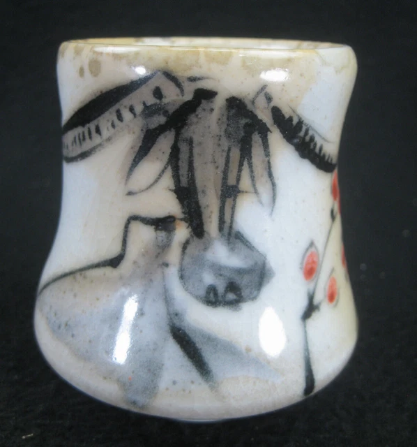 Vintage Japanese Senchawan Ox & Berry Motif White Pottery Signed Tea Cup ~