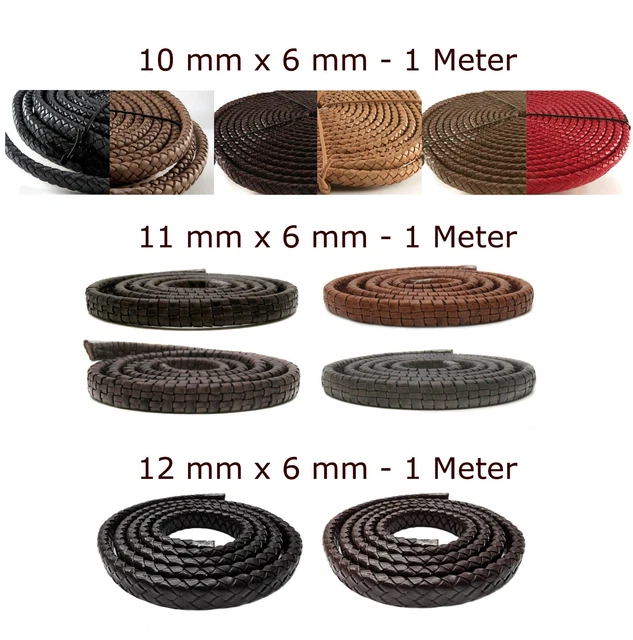 Cordón de Cuero Trenzado Oval 10x6 MM, 11x6 MM, 12x6 MM - Bolaband, 1 Metros