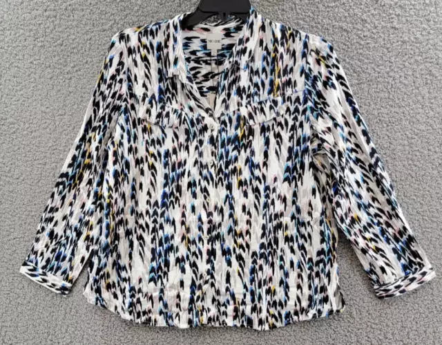 NIC+ZOE Sweet Spot Top Women's L Blue Multi Collared Long Sleeve Button Closure~