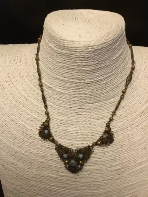 Art Deco Czech filigree faux turquoise necklace 1930s