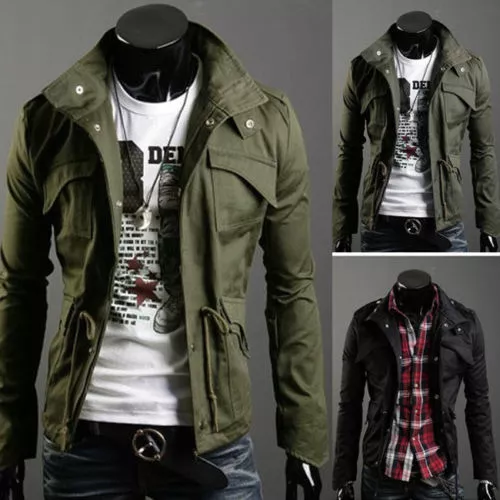 Mens Slim Fit Military Style Jacket Stand Collar Coat Hoody Overcoat New Hot