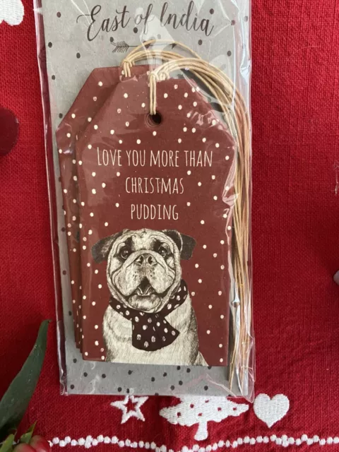 East of India 6 bulldog Christmas gift tags "Love you more.." new