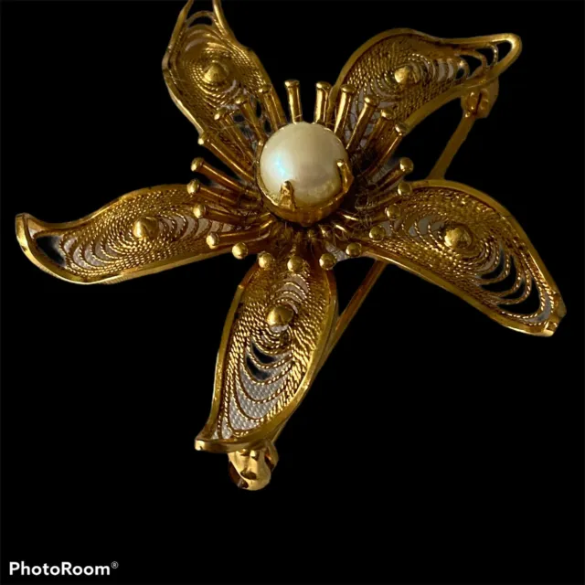Stunning 1960s Flower Filigree Faux Pearl Brooch  12k gold filled Pin Jewelry