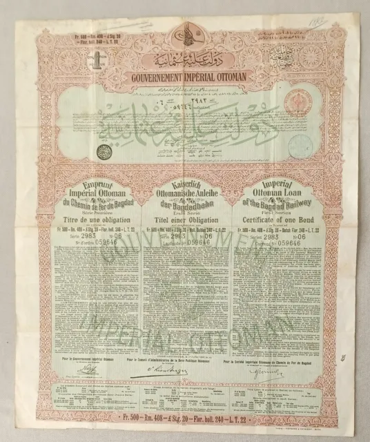 Imperial Ottoman Loan of the Bagdad Railway - Constantinople 1903 - 500 francs