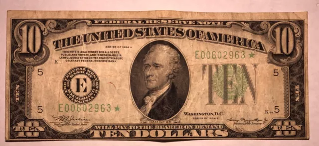 1934A $10 Federal Reserve STAR NOTE Richmond. FR2006E*. F-VF. #lr126