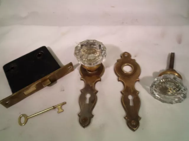 Antique 12 pt Glass  Door Knob Set w/ brass plates w/Mortise Lock & Key    #911