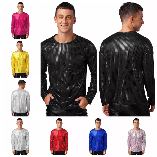 Mens Sequins Sweatshirt Sparkle Workout T-shirt Blouse Top Nightwear 70s Disco