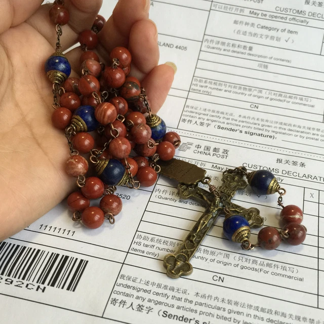 Catholic Red Carnelian Lapis lazuli beads Vintage Rosary Necklace Cross crucifix 3