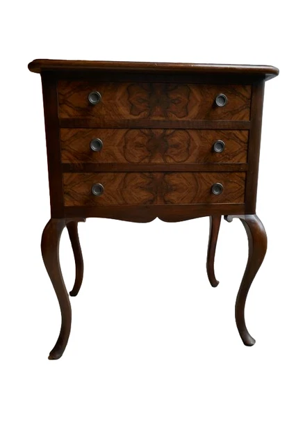 French Nightstand console table wood drawers Louis XV style walnut veneer