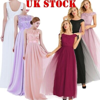 UK Women Lace Tulle Wedding Bridesmaid Maxi Dress Prom Cocktail Party Ball Gown