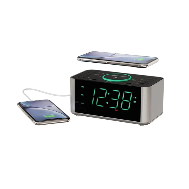 Emerson Alarm Clock Radio and QI Wireless Phone Charger with Bluetooth, Compa...