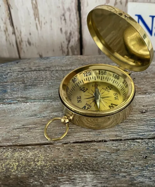 Brass Compass With Lid Vintage Pocket Style Nautical Necklace Pendant Keychain