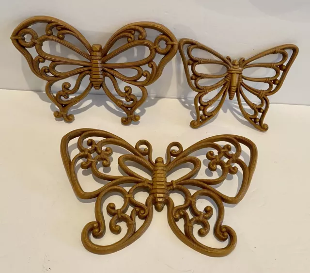 Vintage Set of 3 Dart 1970's MCM Brown Butterfly Wall Hanging Decor 
