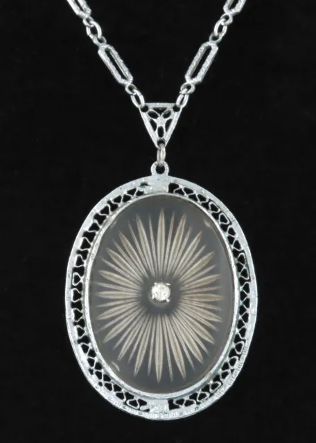 1920s - LARGE ART DECO CAMPHOR GLASS FILIGREE RHODIUM PLATED PENDANT NECKLACE 3