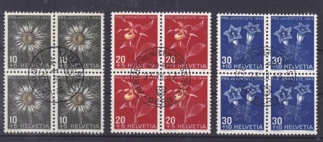v2689 Schweiz/ Pro Juventute 1943-Blumen   MiNr 425/27 o 3 Viererblock