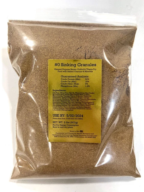 52% Protein, Sinking #0 Granules Fish Food for Tilapia and Cichlid New Born Fry