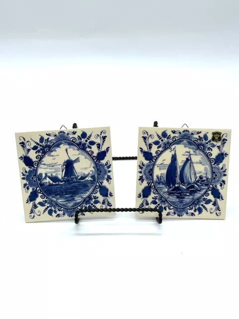 Set of two Blauw Delfts Tiles blue/white windmill sailboat Holland