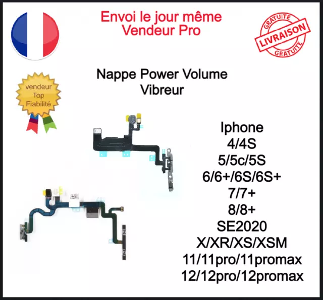 Nappe Bouton Power Volume Vibreur Iphone 4 4S 5 5C 5S 6 6S 7 8 X XR 11 Pro Max