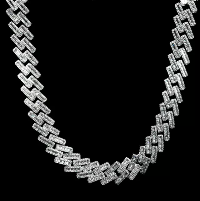 .925 Solid Sterling Silver Out Iced Lab Diamond Baguette 19mm Cuban Link Chain