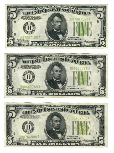 3 1934 $5 Federal Reserve Notes LGS St Louis Fr#1955-H Nice Examples