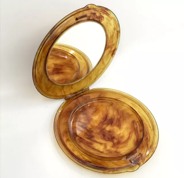 Lucite Tortoise Shell Flapjack Ladies Powder Compact c1940s 50s Vintage unsigned 2