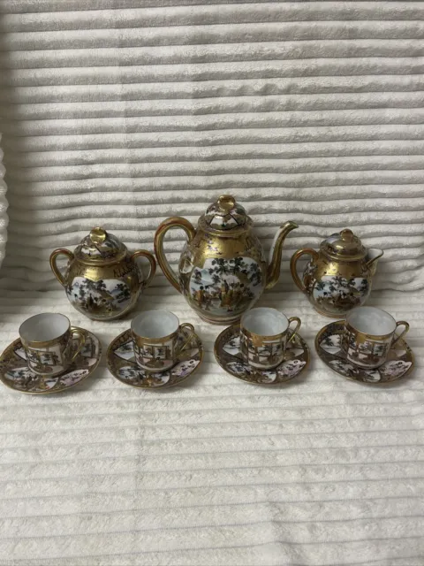 Antique Japanese Satsuma Tea Set Samurai China Gold Porcelain