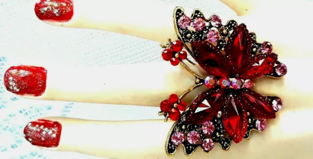 Bague réglable papillon avec strass Rouge,,métal doré garanti sans nickel