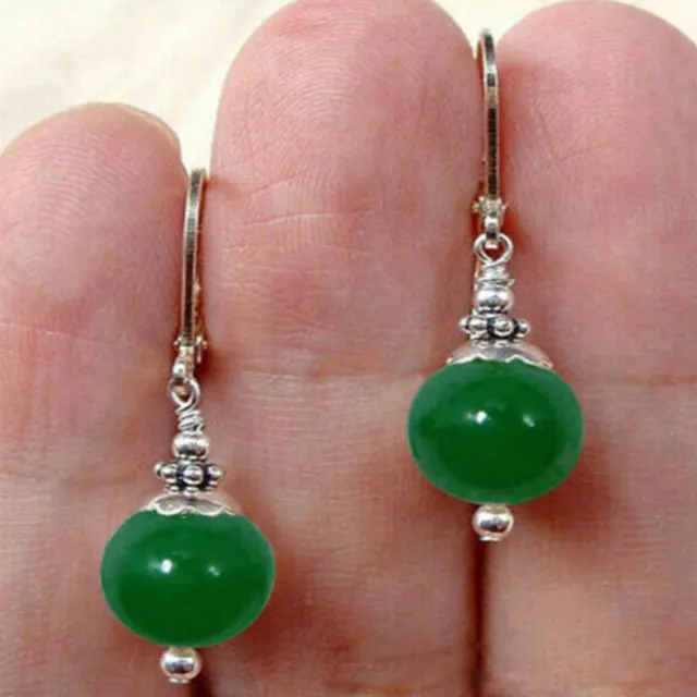 12mm Natural green round jadeite beads 925 silver earrings Lucky Beautiful