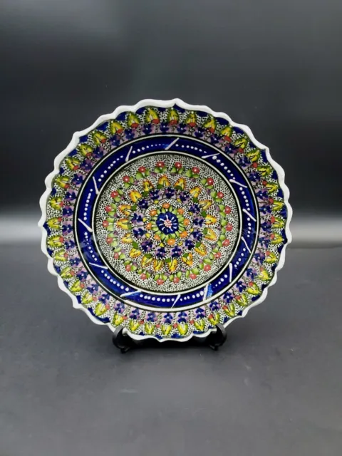 Turkish Hand Painted Ceramic & Enamel Geometric & Floral Plate Signed 18cm