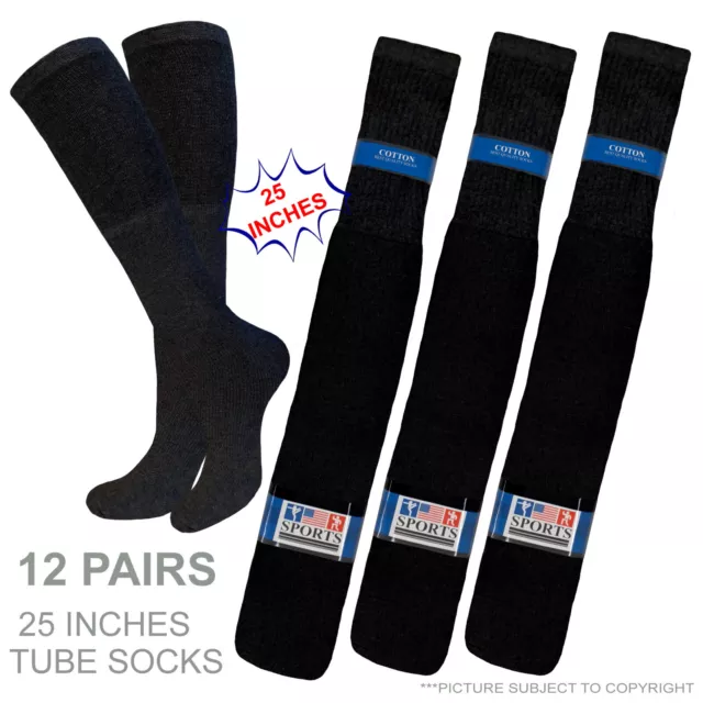 12 Pairs Black 25 Inches Tube Socks Big & Tall Cotton Long Sports Socks
