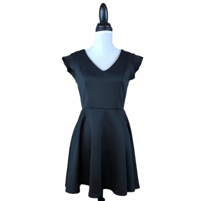 Women’s City Studio V-Neck Fit and Flare Black Dress Size 11 Flutter Sleeve