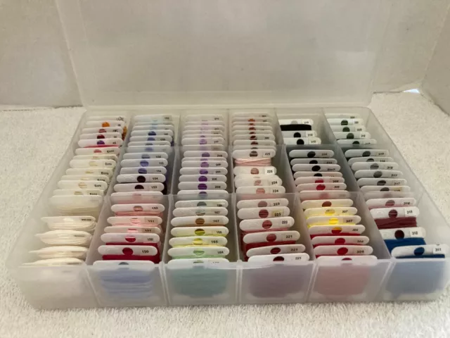 DMC Embroidery Floss Thread Lot Of 111 on plastic DMC Bobbins & plastic case