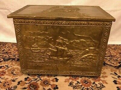 Brass On Wood Kindling Coal Firewood Box Storage Chest Raised Ships-Victorian